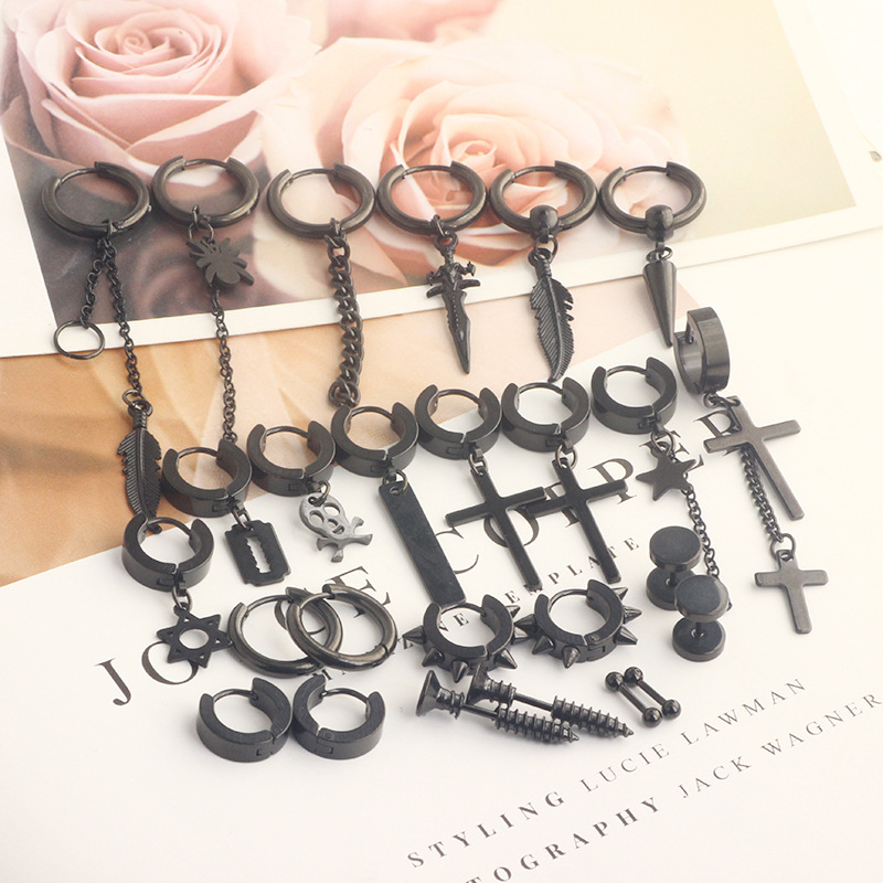 Stainless Steel Cross Hip Hop Earrings Set for Men - 26 Piece Fashion Earring Wholesale detail image 8