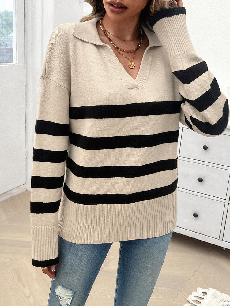 Abbigliamento donna autunno e inverno donna casual ampio a righe contrasto colore bavero maglioni top donna_voghion.com