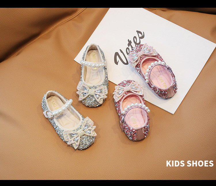 Chaussures princesse en cristal pour filles, édition coréenne, printemps et automne, avec nœud pour bébé, unique, mode, diamant brillant, 2024_voghion.com