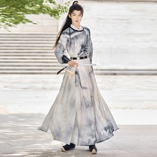 Original Han Dynasty Tang Dynasty Round Neck Robe Chinese Style Long Ink Print Ancient Costume for Men and Women 2025 New Autumn and Winter