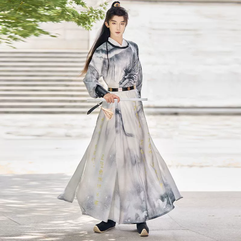Оригинальный костюм Hanfu Tang с круглым вырезом в китайском стиле длинный чернильный принт костюм мужчины и женщины 2024 новый осень и зима