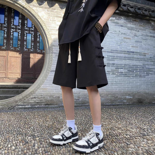 Men's Summer Thin Casual Short Pants with Traditional Chinese Knot Design, Trendy Loose-Fitting Outerwear, Five-Finger Pants for Plus Size