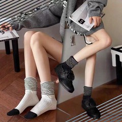 复古韩系推推袜随性卷边条纹中长筒堆堆袜秋冬搭配毛毛拖鞋的袜子