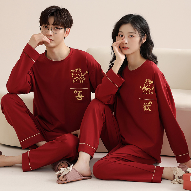 Pajamas couple's cotton spring and autumn Lycra Cotton long-sleeved men's and women's wedding clothes red festive birth year suit