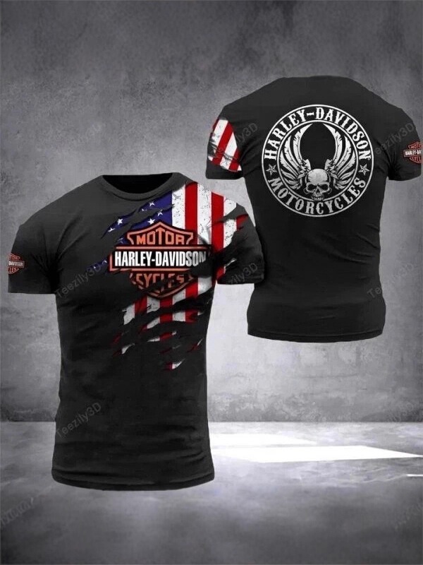2026 European and American Cross-Border Amazon New Men's Clothing Harley Motorcycle 3D Digital Printing Loose Round Neck Short-Sleeved T-Shirt