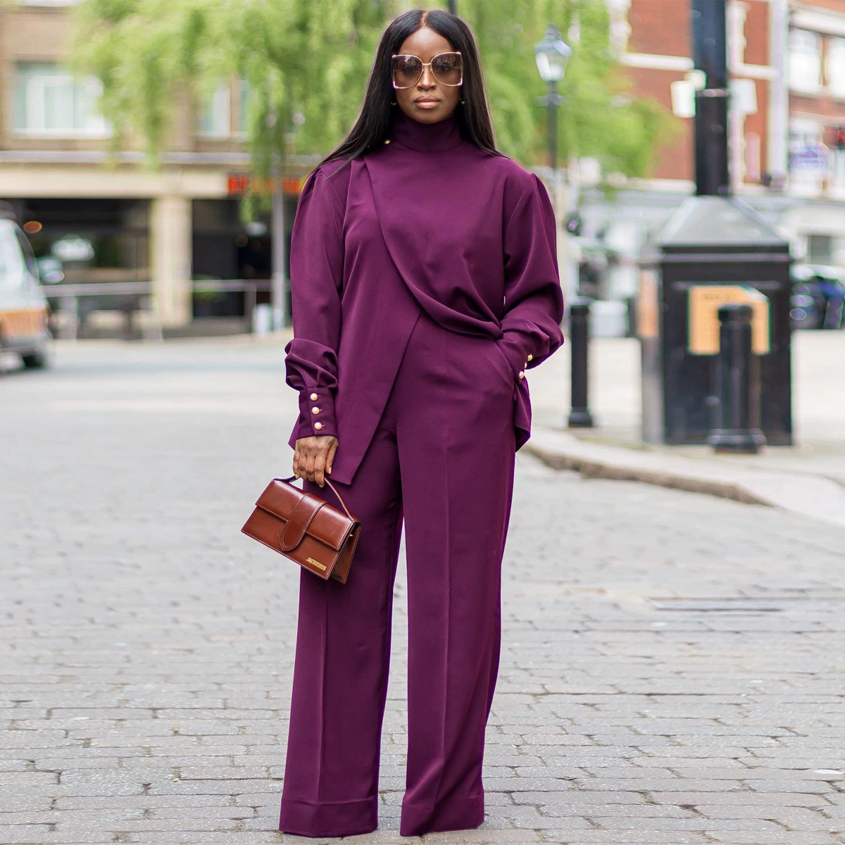 В наличии: Y2613 Amazon 2025 Женский повседневный комплект из двух предметов с высоким воротом, асимметричным разрезом и длинными рукавами