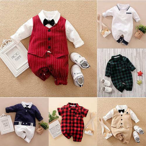 Newborn baby suit for baptism, stylish and handsome one-piece outfit for 100-day-old and one-year-old crawling suit.