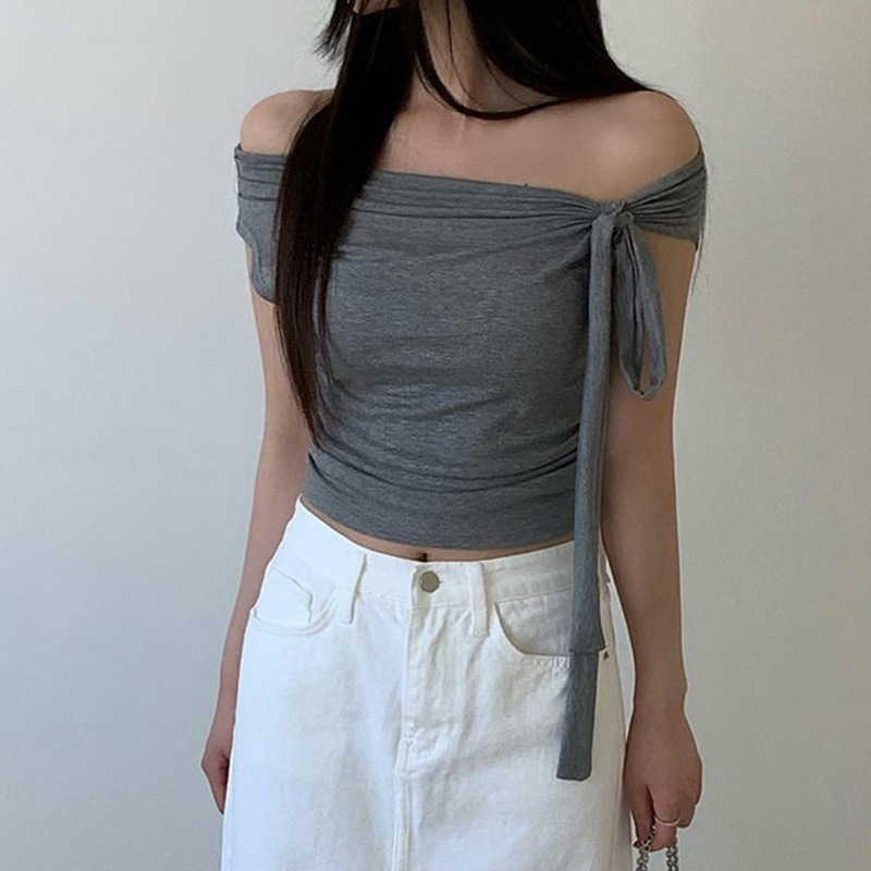 2026 Korean Version Of Chic Design Sense Asymmetrical Knotted Straps Off-the-shoulder T-shirt Pleated Waist Versatile Knitted Top_ecoleips.com