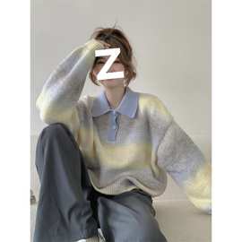 渐变色翻领毛衣女秋冬季加厚慵懒风时尚洋气针织衫宽松polo衫上衣