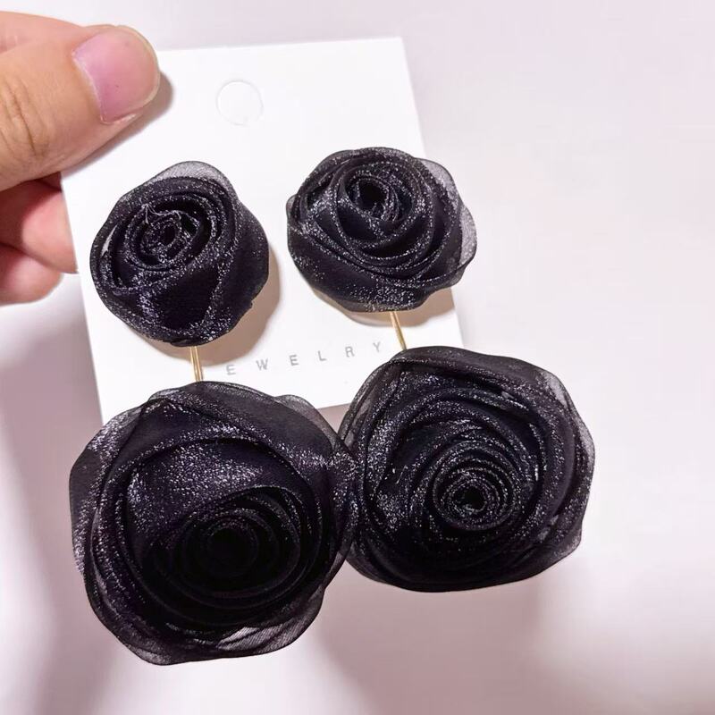 新款紫色网纱玫瑰花朵耳环 手工上下几何花卉耳坠雪纺花瓣耳饰|undefined