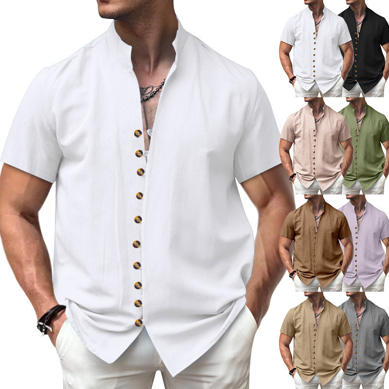 2024 Summer Cross-border Amazon AliExpress European and American Men's Retro Hemp Buttons Vertical Collar Short-sleeved Shirt Top