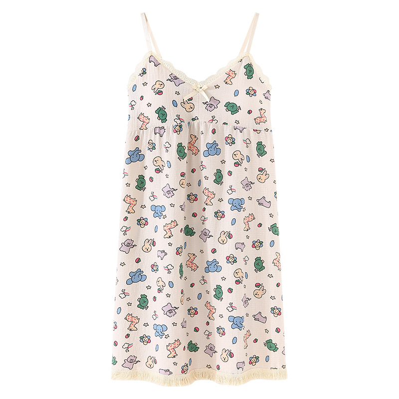 Camisón de verano con el cojín del pecho Correa chica burbuja algodón borla pijamas puro deseo viento sin mangas Delgado lindo homewear