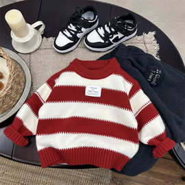 儿童年服秋冬装毛线衣小童条纹套头红色打底衫男童宝宝冬装针织衫