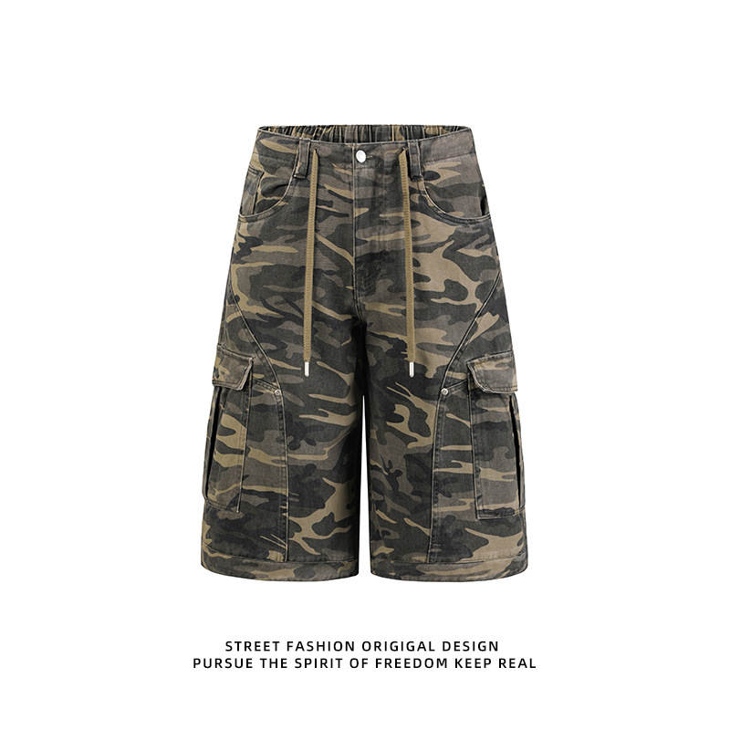 In-Stock Cropped Pants American Retro Camouflage Loose Pocket Cargo Pants Unisex Oversized Workwear Pants Suitable