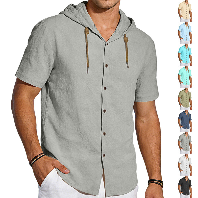 Nuevo transfronterizo TK Amazon nuevo estilo americano de verano delgado transpirable lino suelto camisa de mangas cortas de hombre