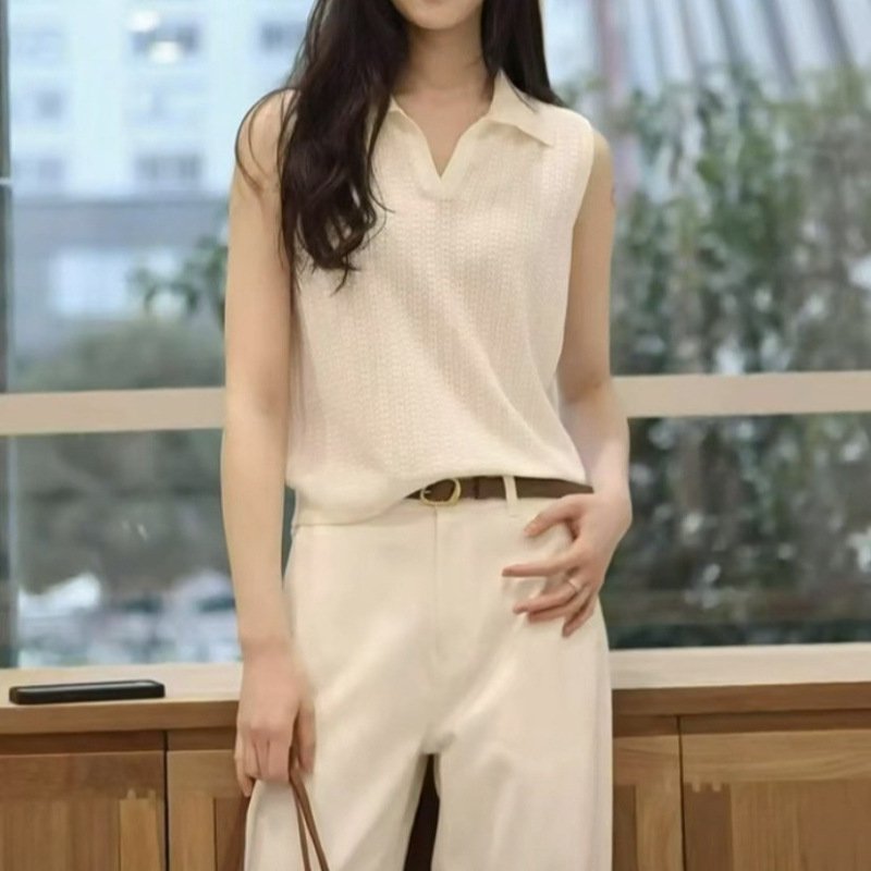 Zh2026 New Summer Style Ultra-Fine Pullover Knitted Vest French Casual Versatile Lapel Knitted Sweater Sleeveless Top