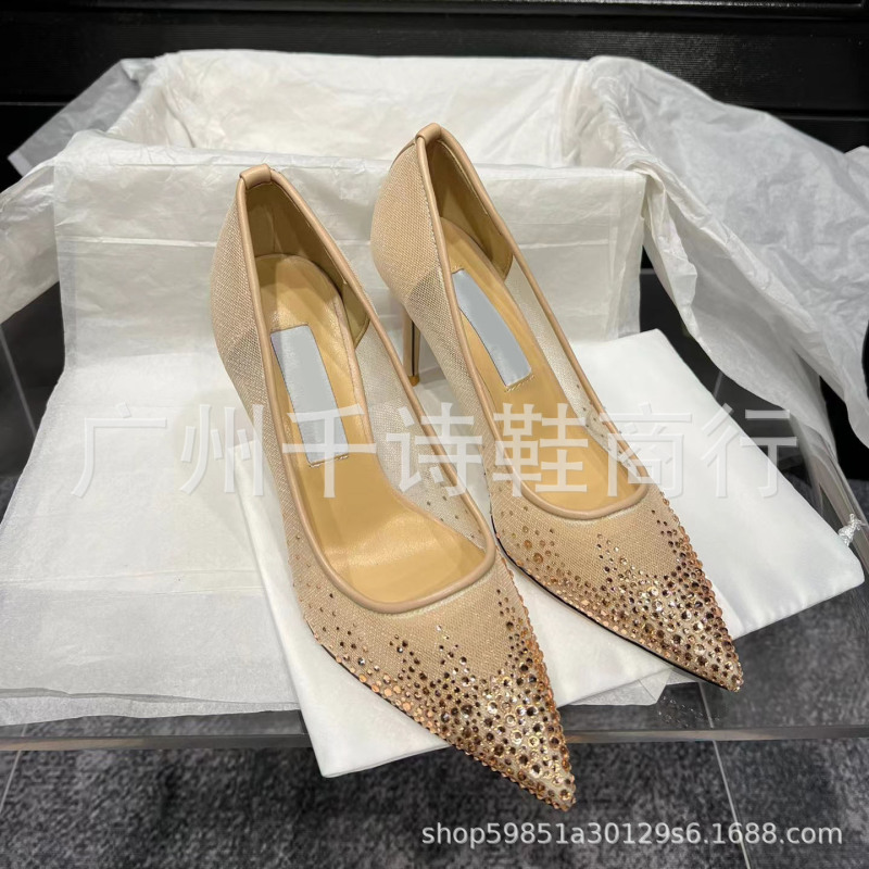 High-End Jc French-Style Rhinestone Mesh Stunning Elegant Pointed Toe Shallow Single Shoes for Women, New Sexy Stiletto High Heels