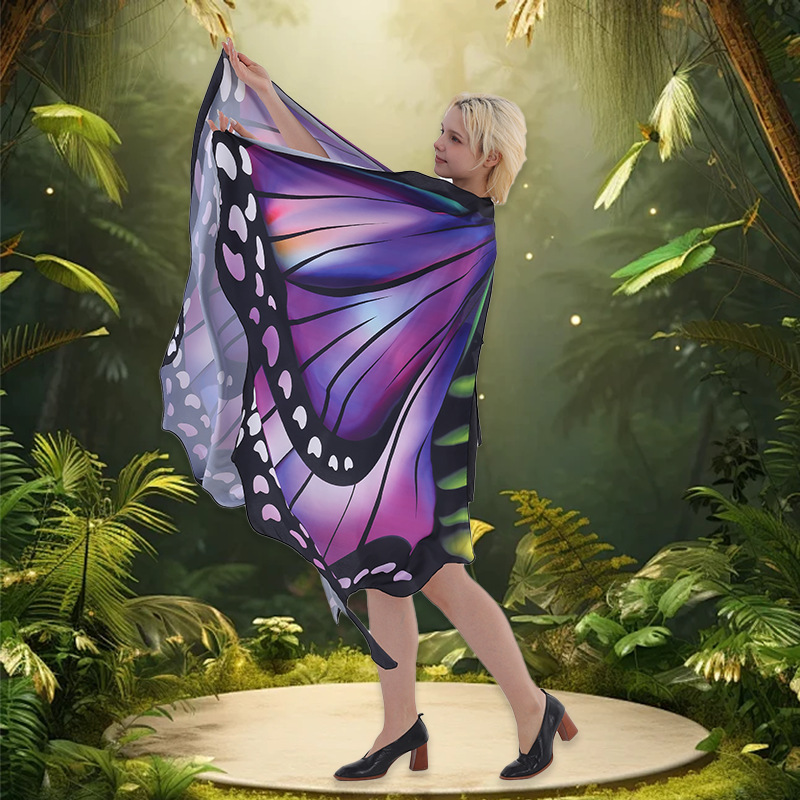 Impresión digital púrpura capa de mariposa shale estilo danza del vientre capas giratorias fuera de plumas conjunto de arnés