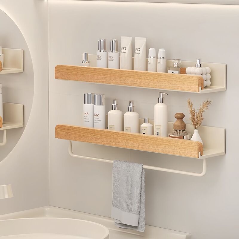 Solid Wood Cream-Style Bathroom Storage Rack, No-Drill Wall-Mounted Toilet Washstand Drainage Storage Solid Wood