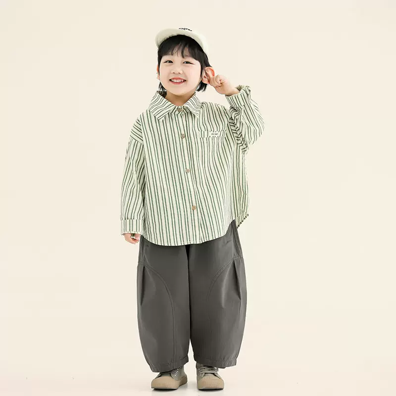 畅果童装男童衬衫秋装儿童韩版条纹衬衣中小童春秋小清新长袖上衣