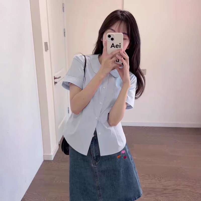 French Shoulder Short Sleeve Blue Shirt Women's Summer 2024 New Shirt Slim Fit Small Doll Collar Top