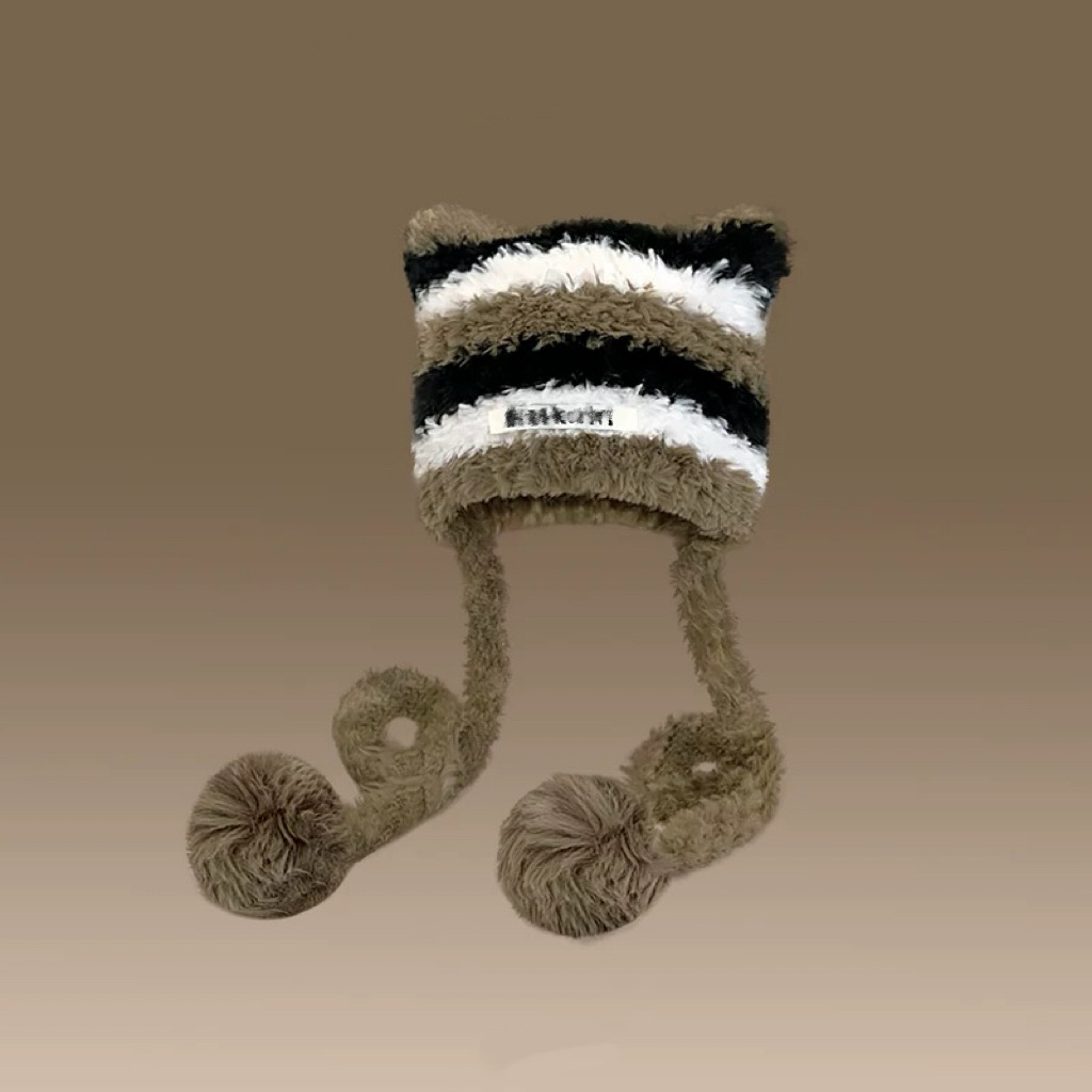 帽子女性の冬のかわいいクマの耳ぬいぐるみ帽子暖かい耳保護帽子プラスベルベット防風ウールボール帽子冬の新スタイル