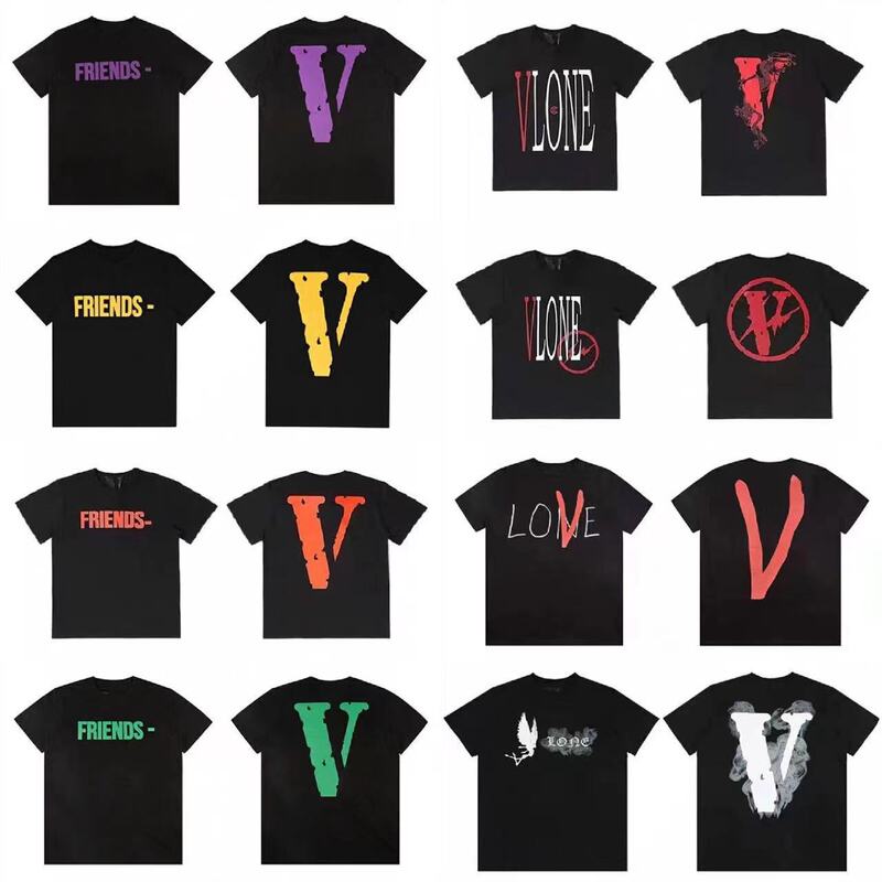 Vlone Short-Sleeved Men's and Women's Same Style Big V Couple Loose T-Shirt Joint Reflective Trendy Brand Half-Sleeve