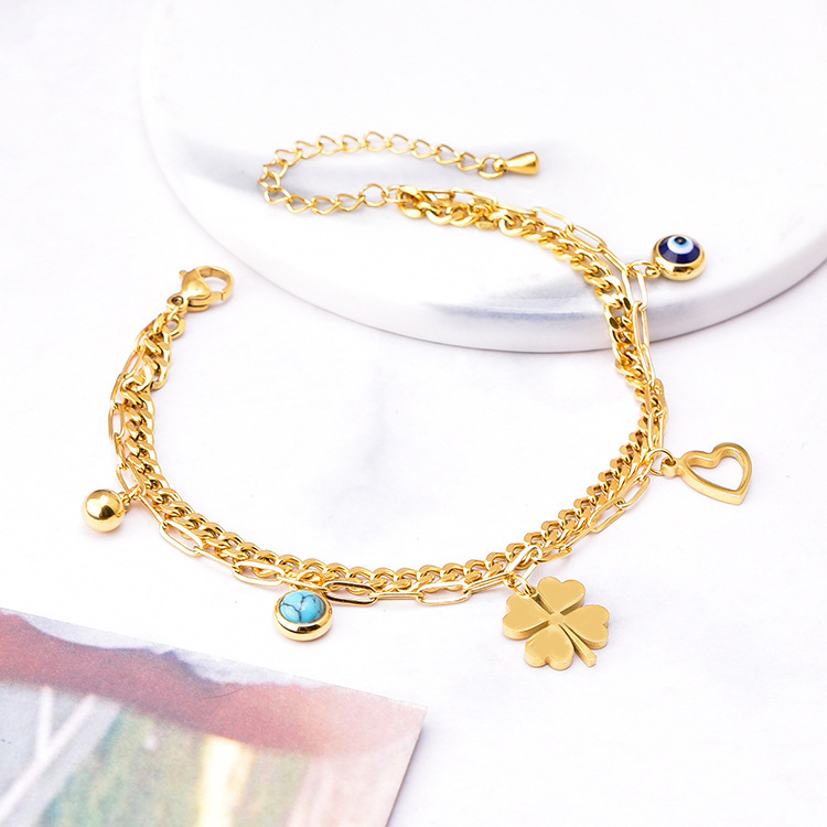Fashion Four Leaf Clover Heart Shape Eye Titanium Steel Plating Inlay Turquoise Bracelets 1 Piece