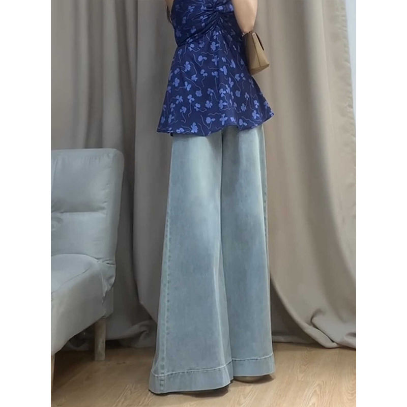 ハイウエストのワイドレギンスのズボンのジーパンの女性の新型の春の紺色のゆったりしている大きいズボンのレギンスのスピーカーは地のズボンのズボンのズボンを引きずる|undefined