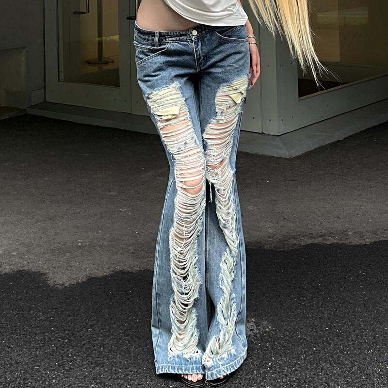 American-Style Y2K Spicy Girl Ripped Low-Waist Jeans for Women, Summer 2026 New Slim-Fit Flared Long Pants, Trendy on Instagram