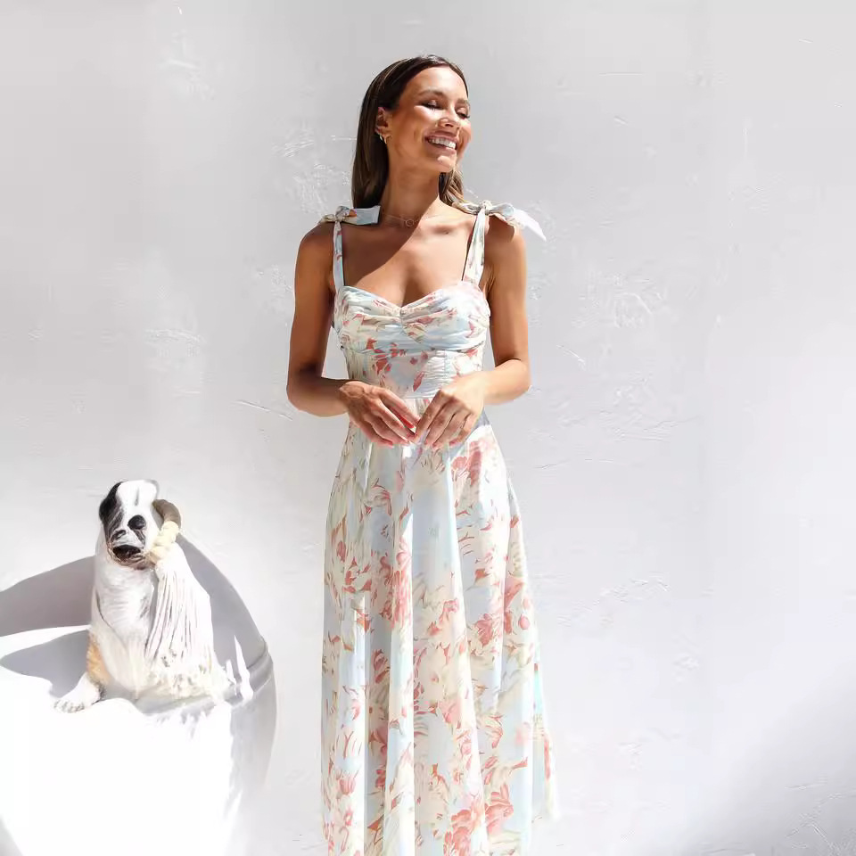 Women's Clothing Summer Slim Fit Waist V Neck Sling Print Mid Length Dress For Women For Formal & Casual For Women_ecoleips.com