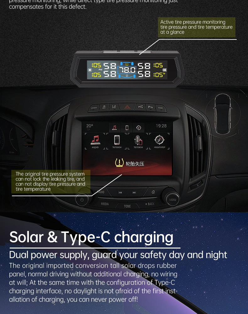 T17 Tire Pressure Monitoring System High-Precision Solar-Powered Tire Pressure Monitor Tpms Tire Pressure Wireless Device Smart