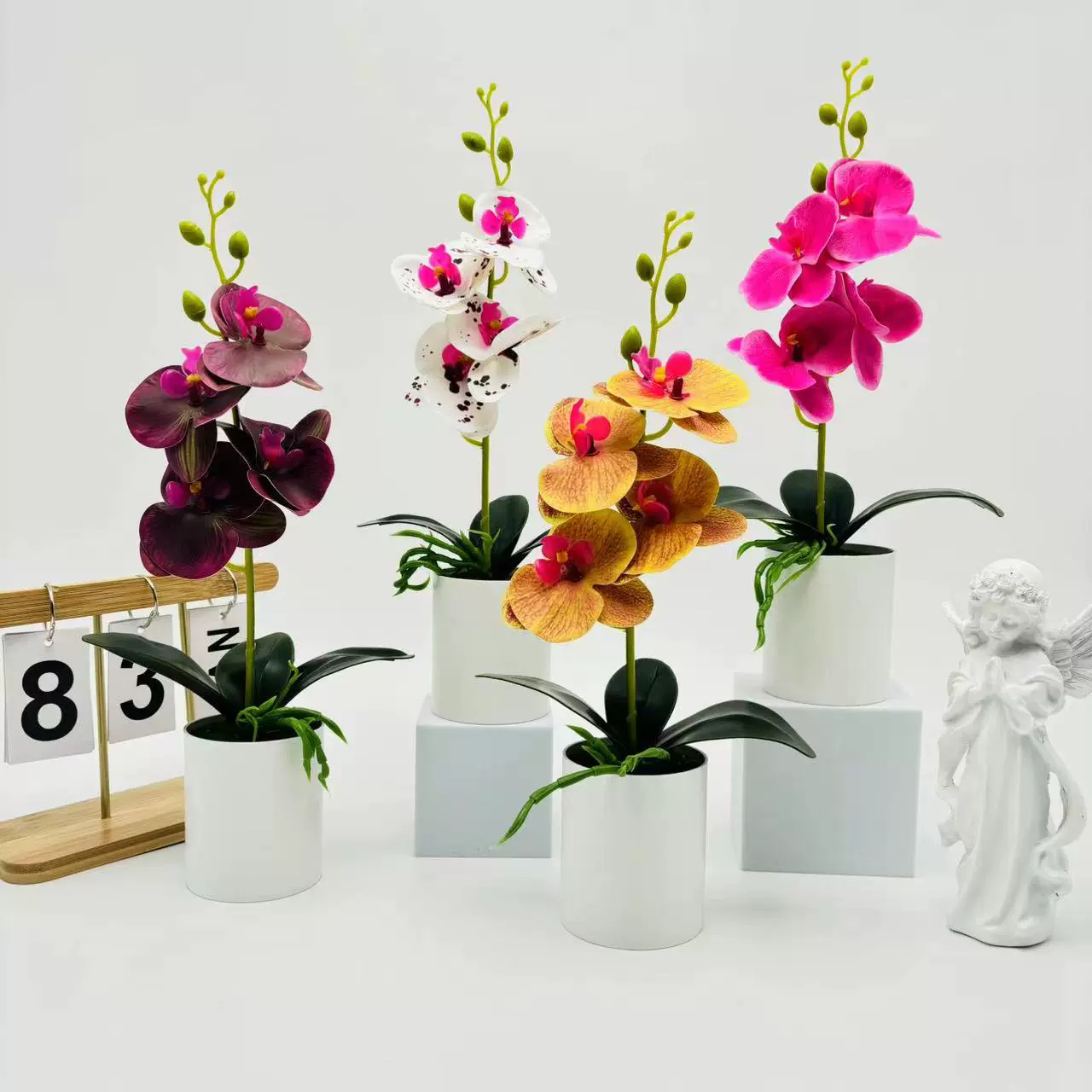 清新甜美仿真4朵3D打印胶片蝴蝶兰盆景家居客厅玄关装饰塑料摆件