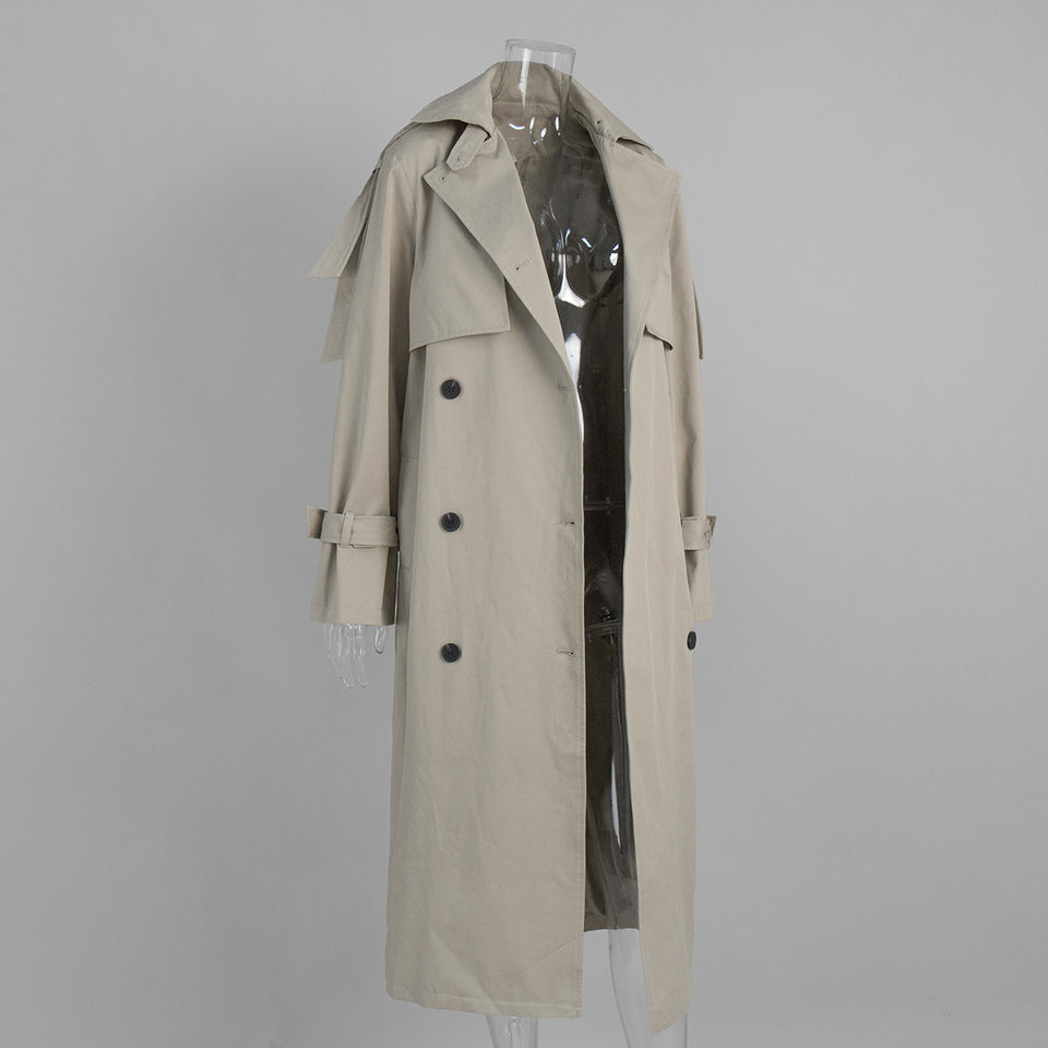Áo khoác trench coat nữ dáng dài phong cách Âu Mỹ, chất liệu cotton, form rộng có dây thắt eo — Màu kaki, màu xám chi tiết 4