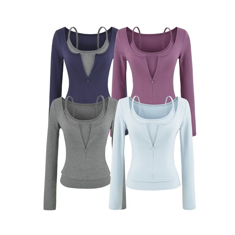 Purely alluring French-style layered long-sleeve T-shirt for women, autumn slim-fit inner top with built-in chest pads and sports camisole set Purely alluring French-style layered long-sleeve T-shirt for women, autumn slim-fit inner top with built-in chest pads and sports camisole set