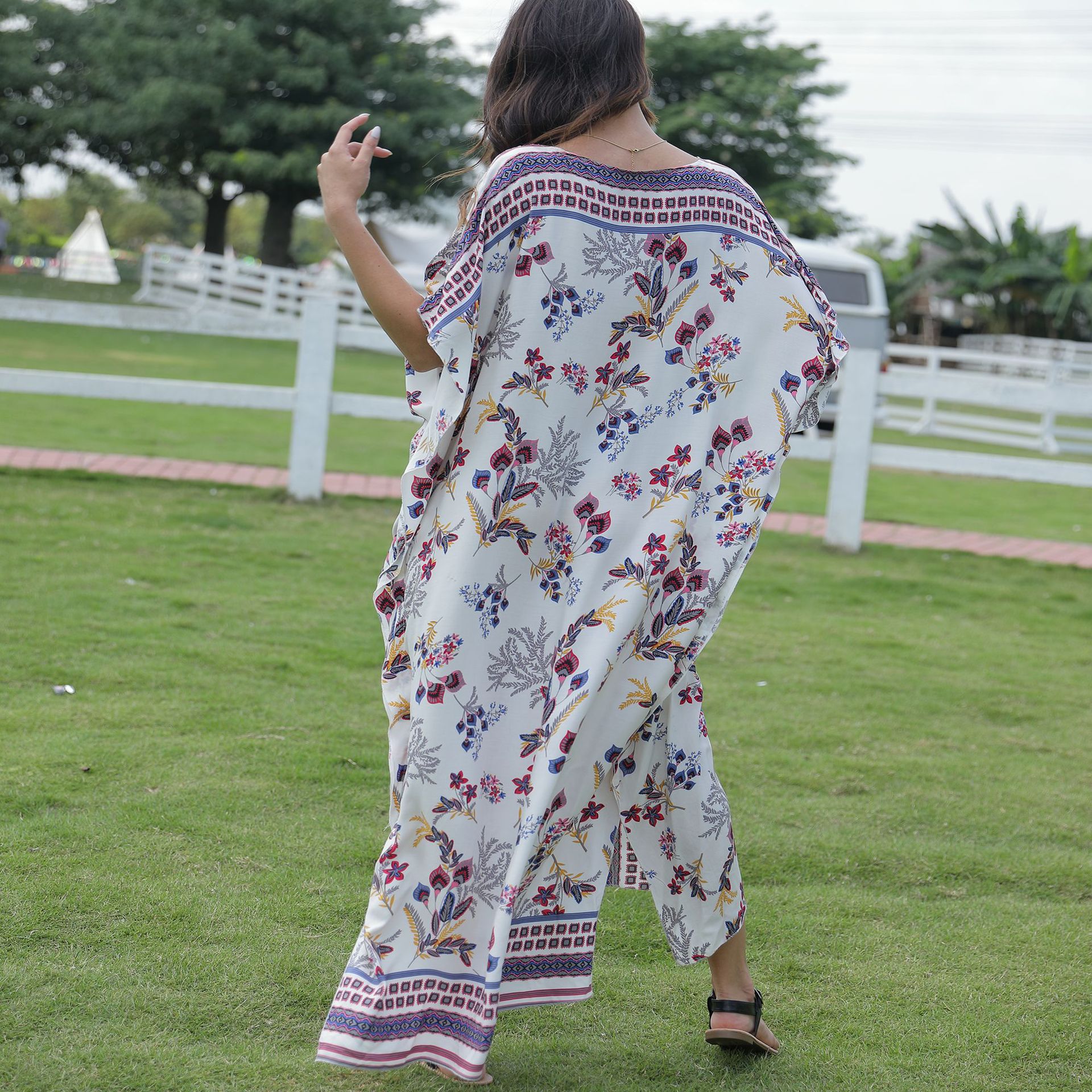 Transfronterizo Amazon deseo europeo y americano casual suelta túnica vacaciones vestido largo playa blusa Batwing manga robe 5d95