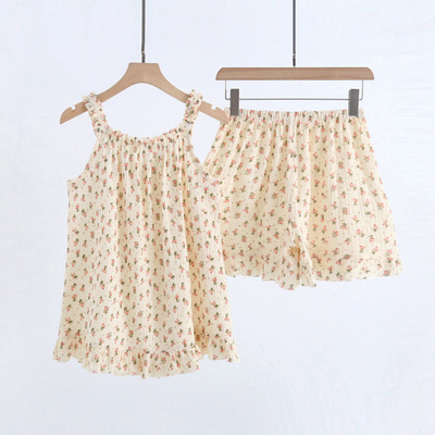 甜美小碎花吊带套装夏季薄款吸汗透气短袖短裤纯棉家居服女士
