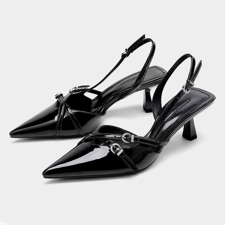 Women’s slingback pointed‑toe heeled sandals, slim thin heel, one‑strap buckle, spring/summer 2025