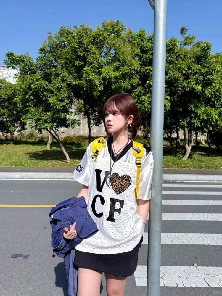 American-style T-shirt For Men And Women, Summer Leopard Print Heart Jersey, Short-sleeved, Loose, Casual, Quick-drying,_viptrois.com