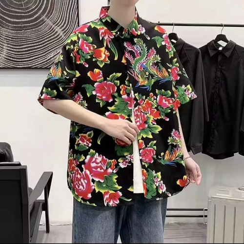 Japanese-style Ins Hong Kong-style summer short-sleeve floral shirt for men and women, retro cool-hacker Hawaii beach couple loose T-shirt