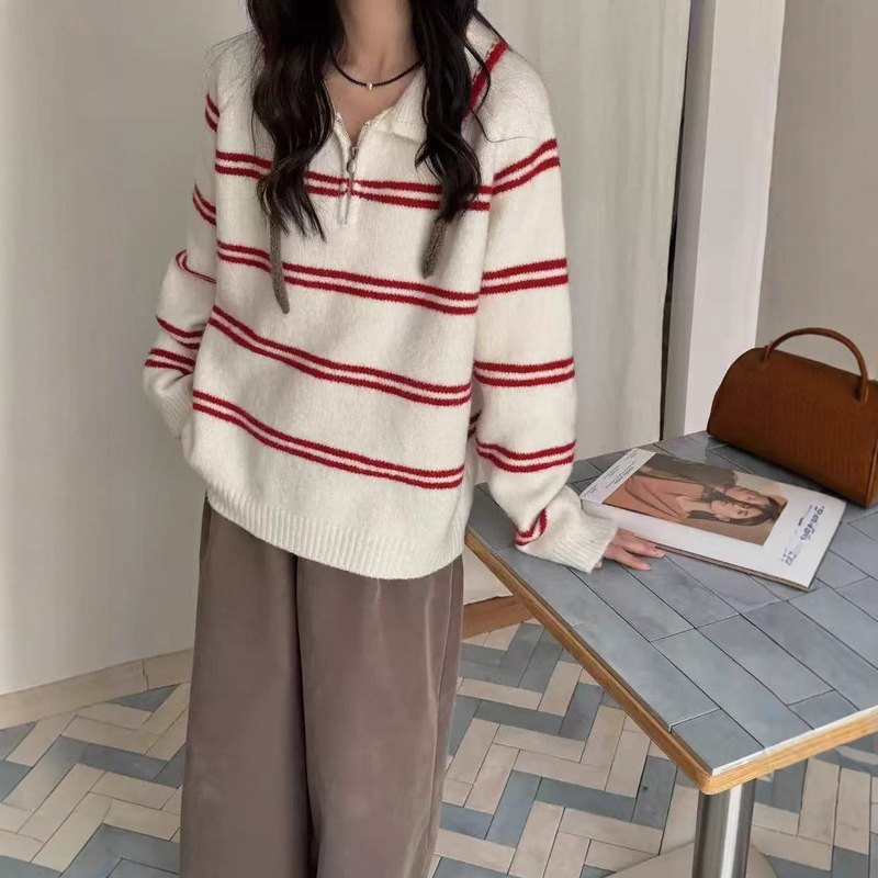 韩系polo领条纹套头毛衣女秋冬宽松翻领半拉链软糯减龄针织衫上衣|undefined