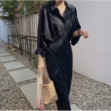 外贸韩版女装系带宽松显瘦衬衫裙过膝法式复古棉麻连衣裙优雅长裙