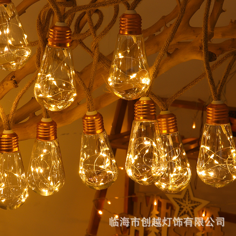 Navidad decoración de la cuerda de cáñamo luz solar Cadena de cuerda de cáñamo luz patio alambre de cobre bombilla de luz al aire libre impermeable camping
