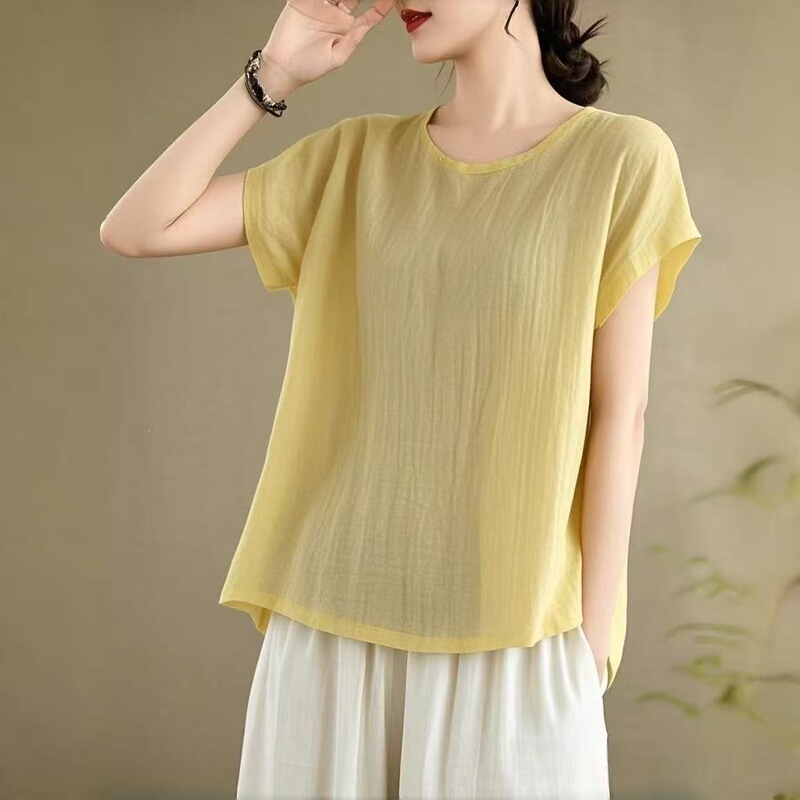 Cotton and Linen Plus-Size Summer Vintage Solid Color Round Neck Short-Sleeve T-Shirt 2026 New Style Slimming Loose Casual Top