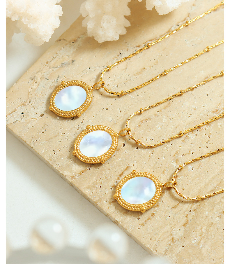 Elegant Oval Titanium Steel Plating Inlay Shell Pendant Necklace 1 Piece