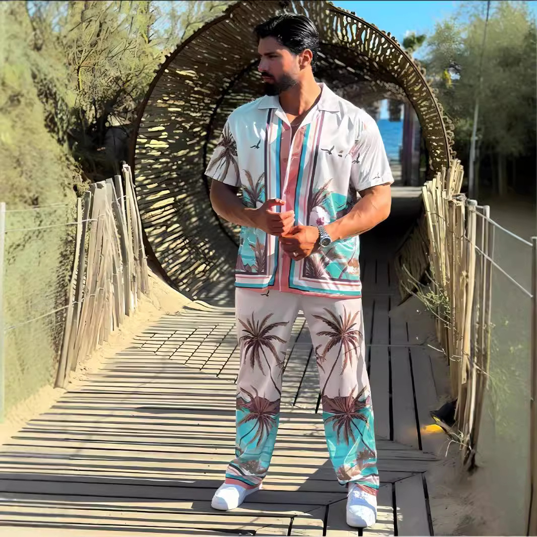 Monochrome Man – Neuer europäischer und amerikanischer Herren-Strandanzug mit Umlegekragen, kurzen Ärmeln und langer Hose, Digitaldruck._voghion.com