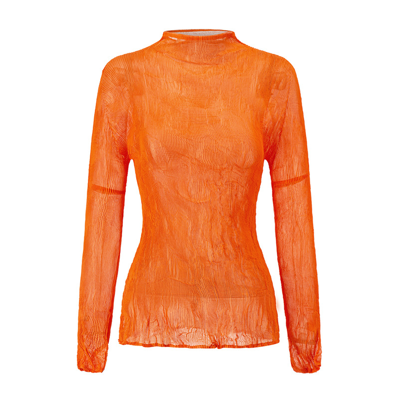 2025年プリーツトップス レディース 高級感 テンセル素材 透け感 レース 超伸縮性 スリムフィット 若見え 薄手Tシャツ