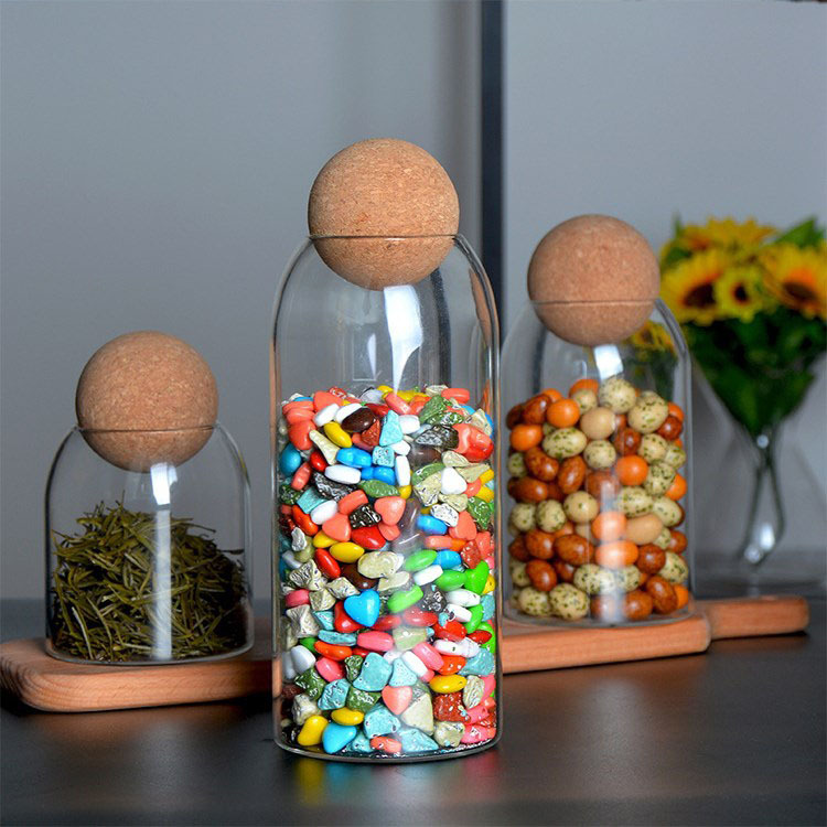 Household kitchen grains borosilicate transparent glass Japanese-style simple spherical tea jar Cork storage jar
