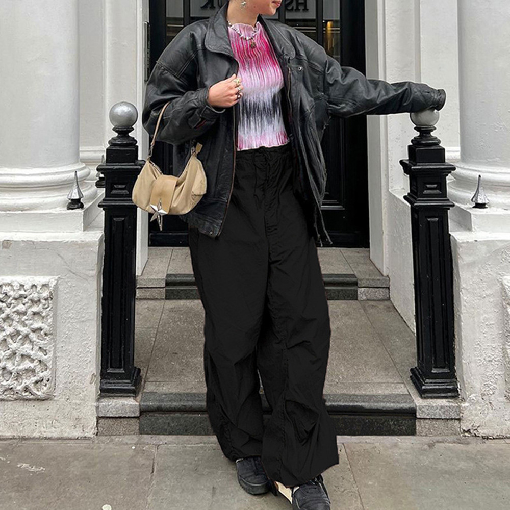 Vår/sommar 2024 Nya heta tjej-arbetskläder med resårband och dragsko, trendiga låg midjade vida ben, vardagsbyxor_voghion.com