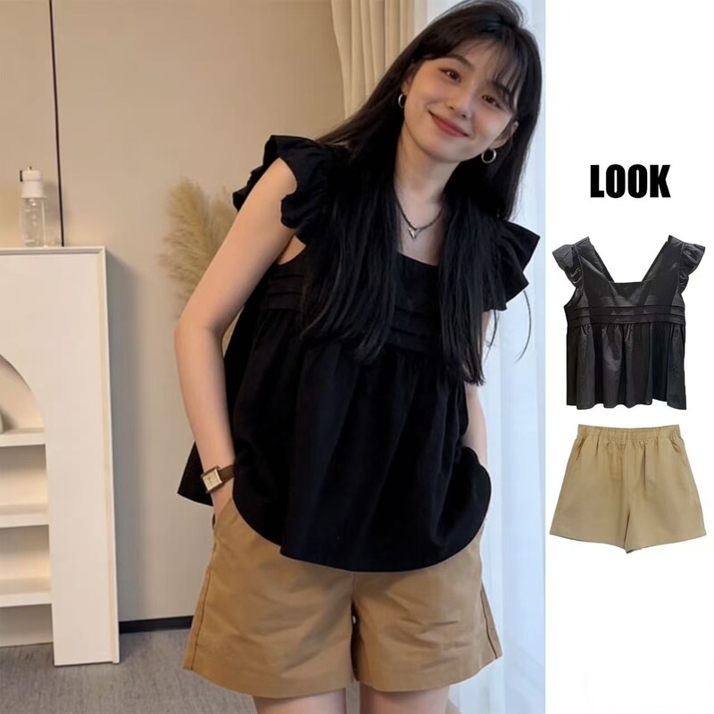 Korean-Style Niche Minimalist Design Flutter-Sleeve Vest Paired with a Short Set, Summer Casual Versatile Slimming Women's Clothing